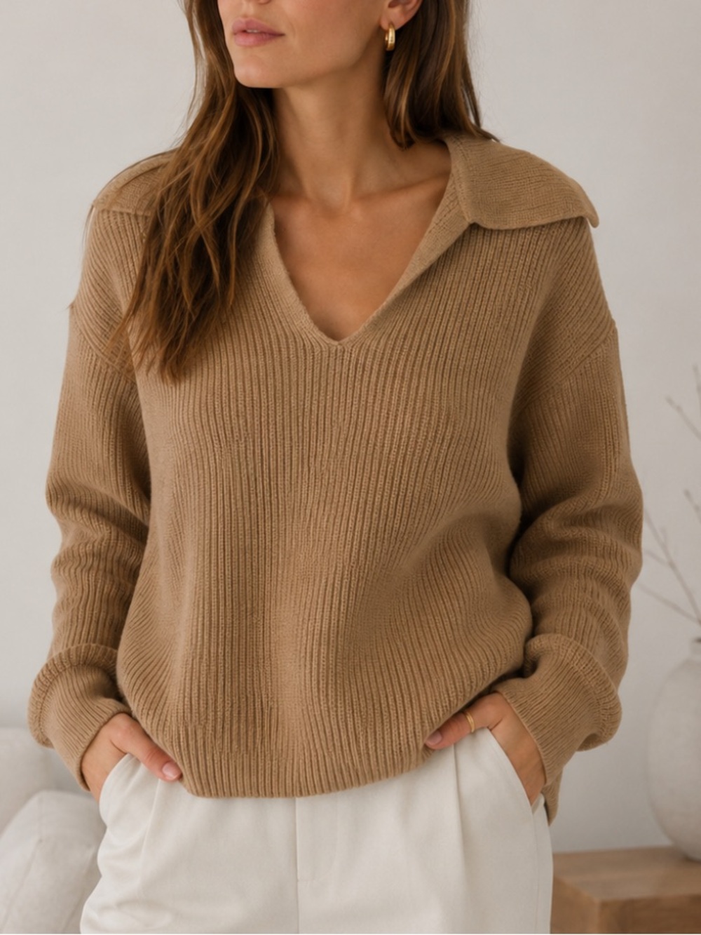 Banana Republic Camel V-Neck Collar Pullover Sweater